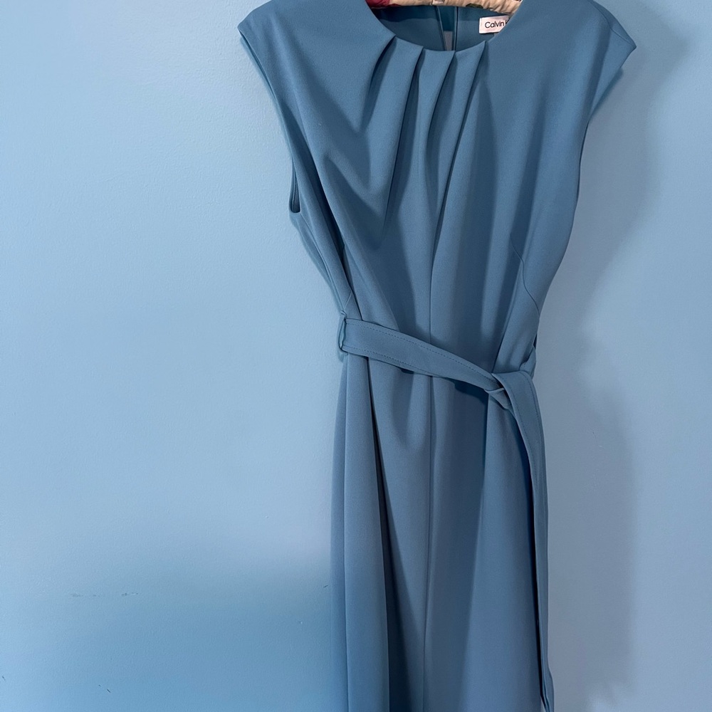Calvin Klein Dusty Blue Cap-Sleeve Midi Dress with Self Tie